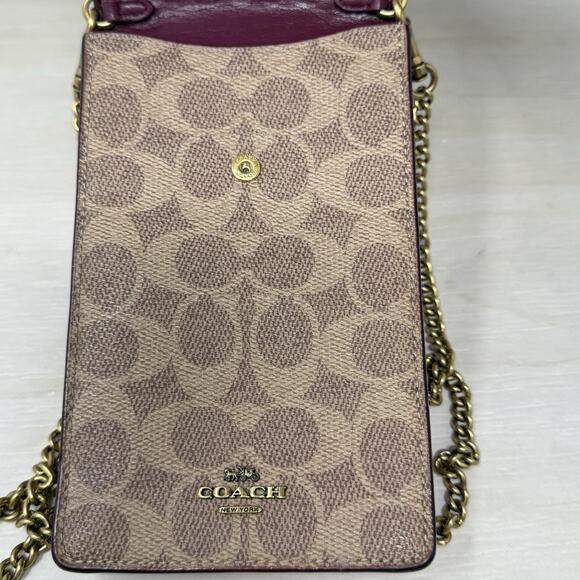 Coach Phone Crossbody Chain Strap Logo Canvas North South Pouch Red Accent - Picture 7 of 10